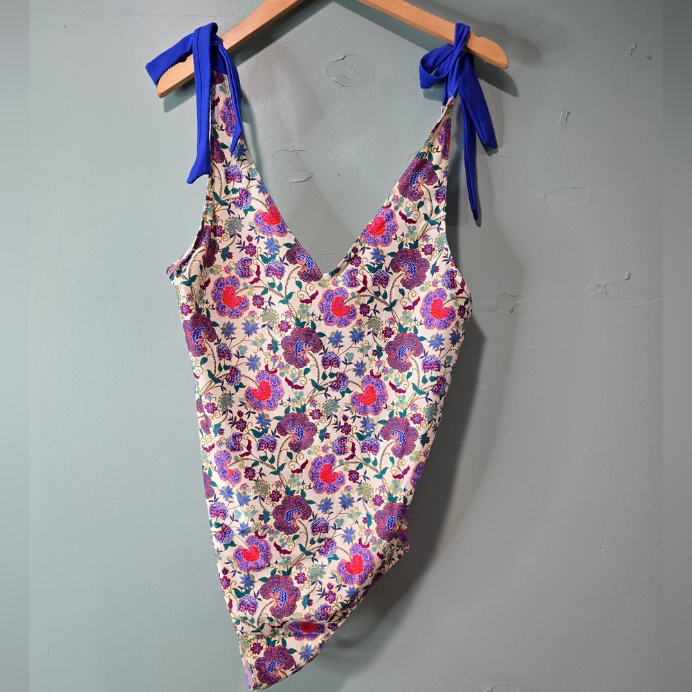 summersalt Floral One-Piece Swimsuit with Royal Blue Ties